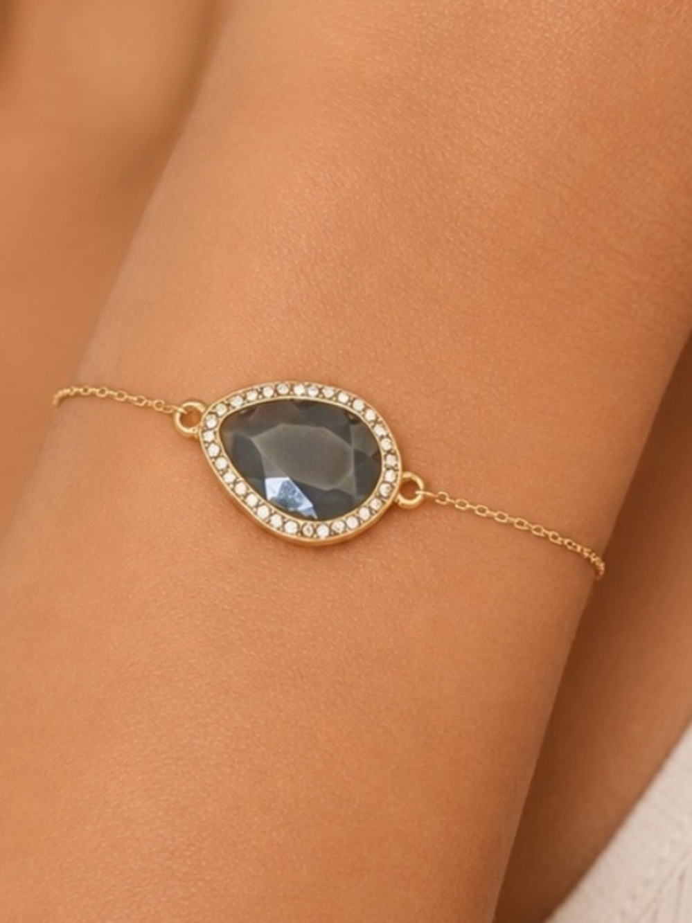 NEW - Gold Adjustable Bolo Bracelet w Rhinestone Halo & Smokey Grey Gemstone